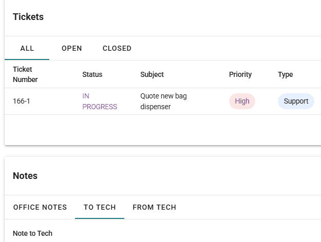 The Dirty Work customer portal, showing a service ticket and the notes tabs, including notes to your technician