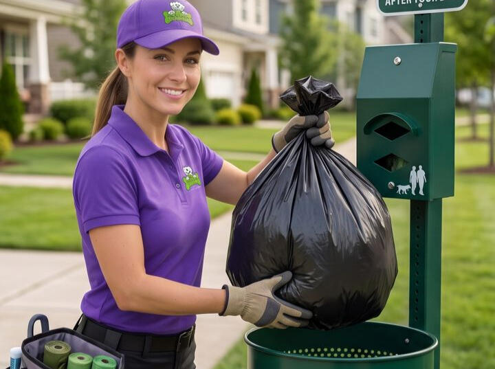 A Dirty Work technician emptying a full bag at a neighborhood dog waste station